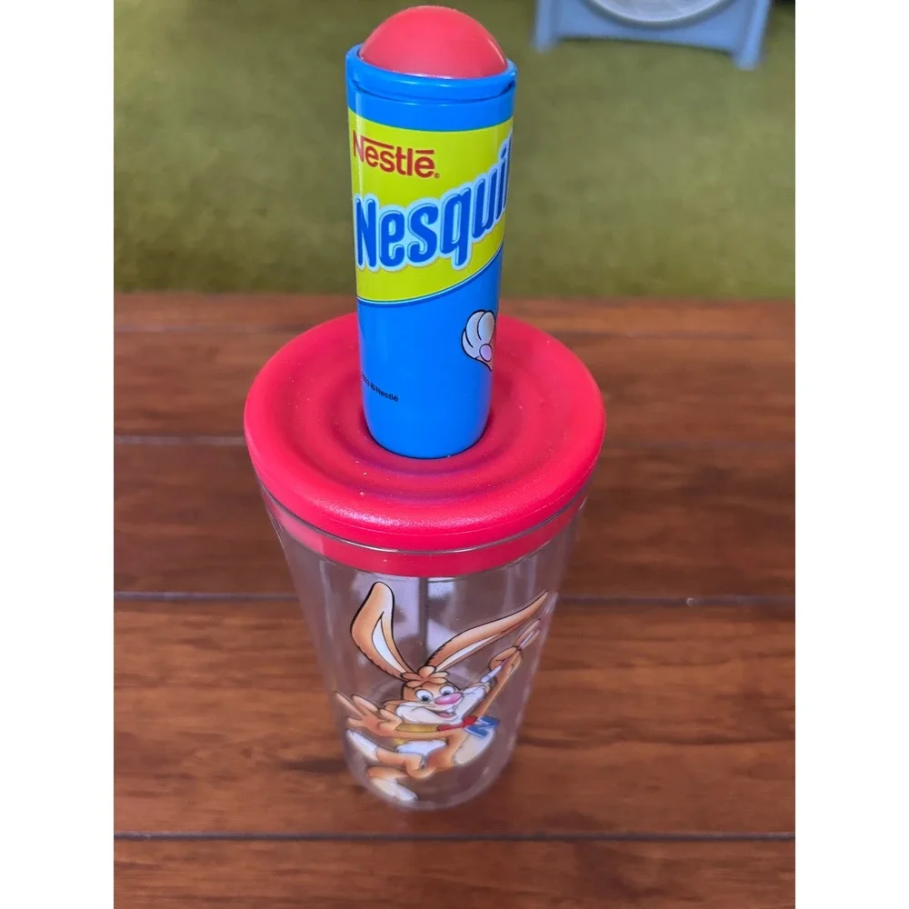 Vintage Nestle Nesquik Quicky Bunny Milk Frother and Tumbler Set Mixer Clear Red